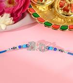 Blue thread bro letter rakhi with sparkling stones and beads