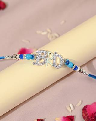Blue thread bro letter rakhi with sparkling stones and beads 3
