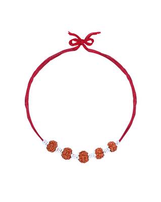 Red thread rakhi with five rudraksha beads and silver detailing 2