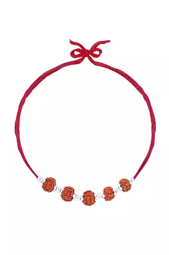 Red thread rakhi with five rudraksha beads and silver detailing