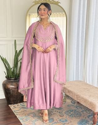 Light pink embroidery vichitra silk anarkali kurta pant set with dupatta 1
