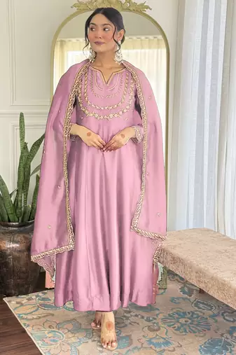 Light pink embroidery vichitra silk anarkali kurta pant set with dupatta