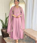Light pink embroidery vichitra silk anarkali kurta pant set with dupatta
