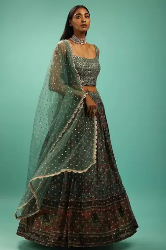 Charming Green Chinon Digital Print Designer Party Wear Lehenga Choli