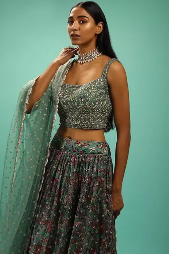Charming Green Chinon Digital Print Designer Party Wear Lehenga Choli