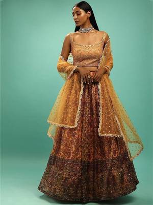 Awesome Yellow Chinon Digital Print Designer Reception Wear Lehenga 1