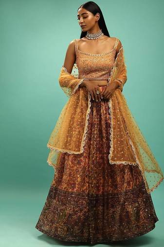 Awesome Yellow Chinon Digital Print Designer Reception Wear Lehenga