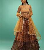 Awesome Yellow Chinon Digital Print Designer Reception Wear Lehenga