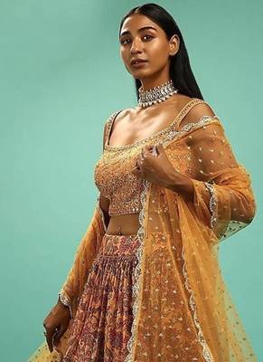 Awesome Yellow Chinon Digital Print Designer Reception Wear Lehenga 2
