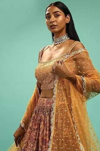 Awesome Yellow Chinon Digital Print Designer Reception Wear Lehenga
