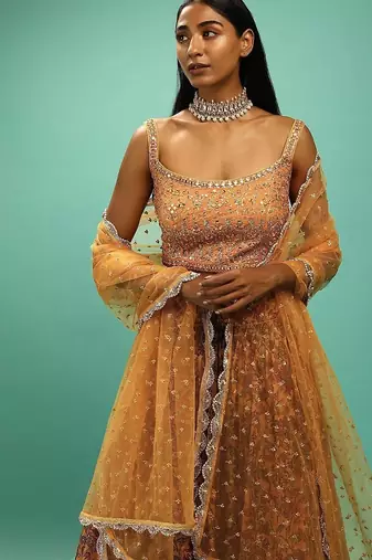 Awesome Yellow Chinon Digital Print Designer Reception Wear Lehenga