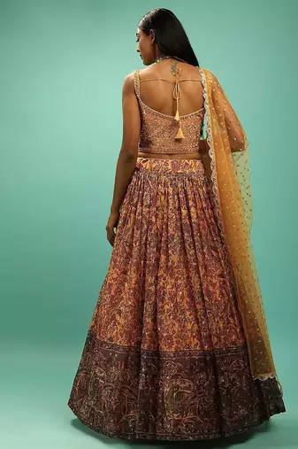 Awesome Yellow Chinon Digital Print Designer Reception Wear Lehenga