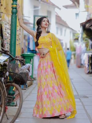 Attractive Yellow Printed Organza Haldi Wear Lehenga Choli With Dupatta 2