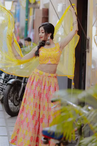 Attractive Yellow Printed Organza Haldi Wear Lehenga Choli With Dupatta