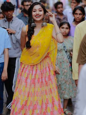 Attractive Yellow Printed Organza Haldi Wear Lehenga Choli With Dupatta 4