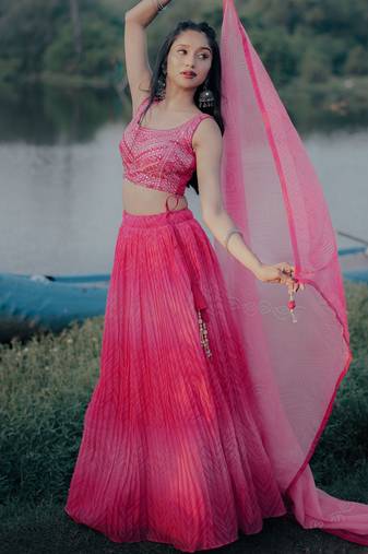 Stunning Pink Digital Printed Organza Engagement Wear Lehenga Choli
