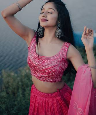 Stunning Pink Digital Printed Organza Engagement Wear Lehenga Choli 3