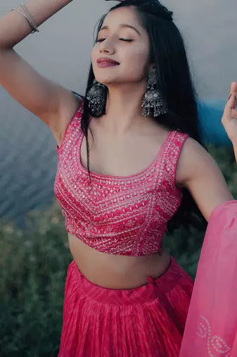 Stunning Pink Digital Printed Organza Engagement Wear Lehenga Choli