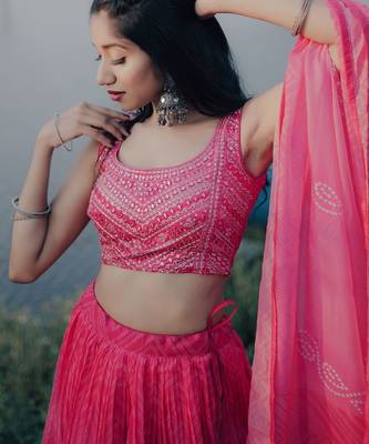 Stunning Pink Digital Printed Organza Engagement Wear Lehenga Choli 4