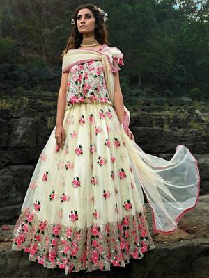 Off White Floral Thread Embroidered Soft Net Party Wear Lehenga Choli 1