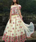 Off White Floral Thread Embroidered Soft Net Party Wear Lehenga Choli