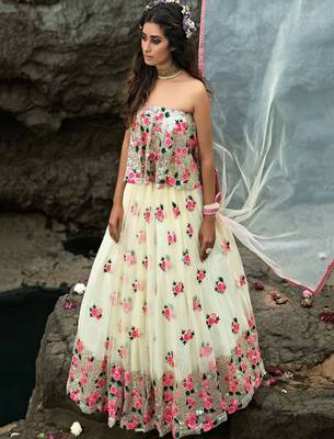 Off White Floral Thread Embroidered Soft Net Party Wear Lehenga Choli 3