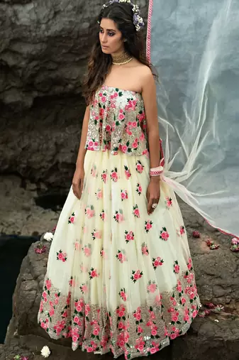 Off White Floral Thread Embroidered Soft Net Party Wear Lehenga Choli