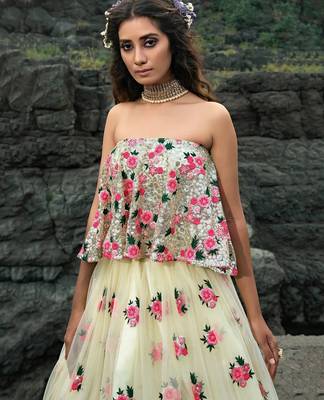 Off White Floral Thread Embroidered Soft Net Party Wear Lehenga Choli 4