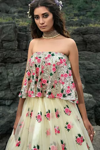 Off White Floral Thread Embroidered Soft Net Party Wear Lehenga Choli