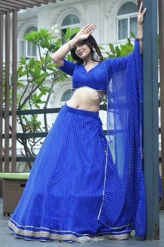 Ravishing Blue Laheriya Printed Georgette Wedding Lehenga Choli