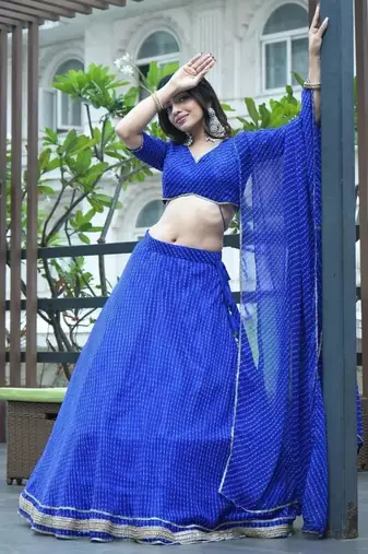 Ravishing Blue Laheriya Printed Georgette Wedding Lehenga Choli