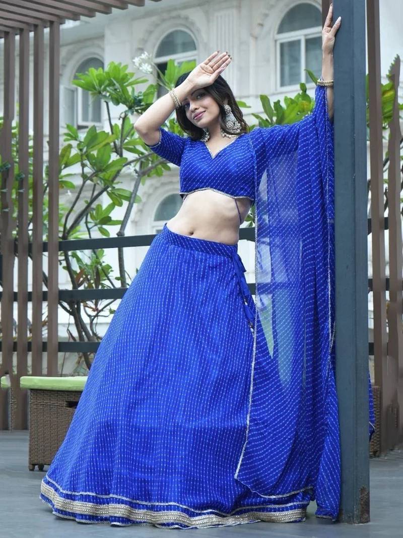 Ravishing Blue Laheriya Printed Georgette Wedding Lehenga Choli