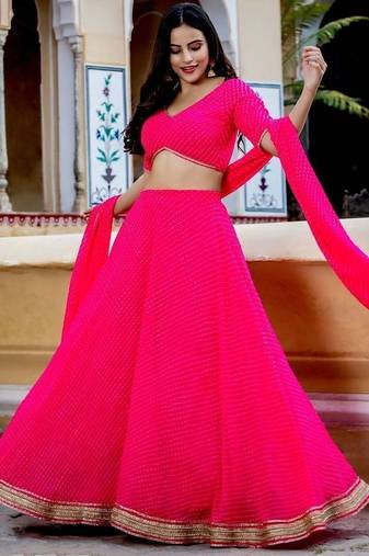 Astounding Pink Leheriya Georgette Bridesmaid Lehenga Choli