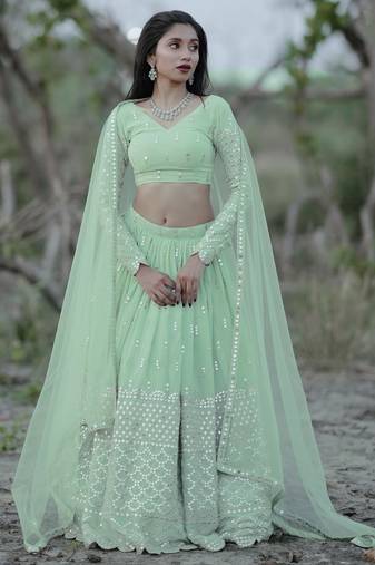 Adorable Pastel Green Sequins Georgette Reception Wear Lehenga Choli