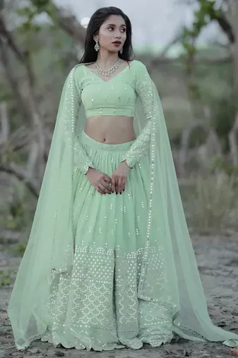 Adorable Pastel Green Sequins Georgette Reception Wear Lehenga Choli