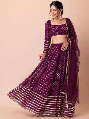 Alluring Purple Sequins Georgette Bridesmaid Lehenga Choli With Dupatta 1