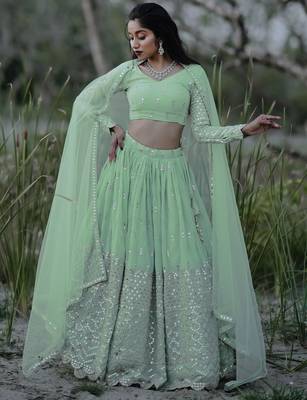 Adorable Pastel Green Sequins Georgette Reception Wear Lehenga Choli 3