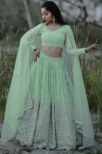 Adorable Pastel Green Sequins Georgette Reception Wear Lehenga Choli