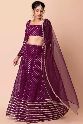 Alluring Purple Sequins Georgette Bridesmaid Lehenga Choli With Dupatta