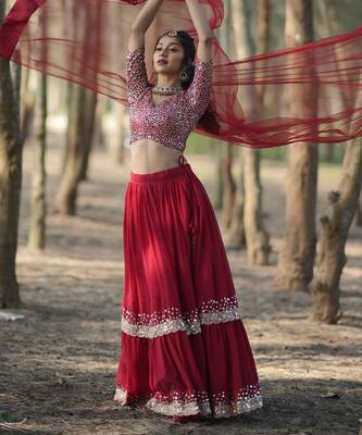 Incredible Red Sequins Georgette Designer Lehenga Choli With Dupatta 1