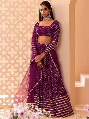 Alluring Purple Sequins Georgette Bridesmaid Lehenga Choli With Dupatta 4