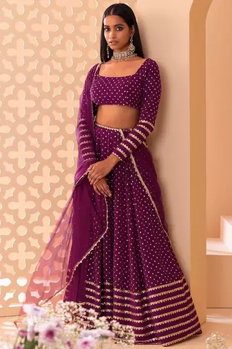 Alluring Purple Sequins Georgette Bridesmaid Lehenga Choli With Dupatta