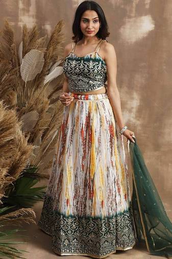 Enchanting White & Green Sequins Chinon Festival Wear Lehenga Choli