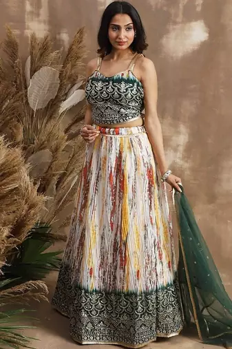 Enchanting White & Green Sequins Chinon Festival Wear Lehenga Choli