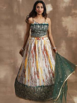 Enchanting White & Green Sequins Chinon Festival Wear Lehenga Choli 2