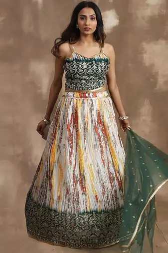 Enchanting White & Green Sequins Chinon Festival Wear Lehenga Choli