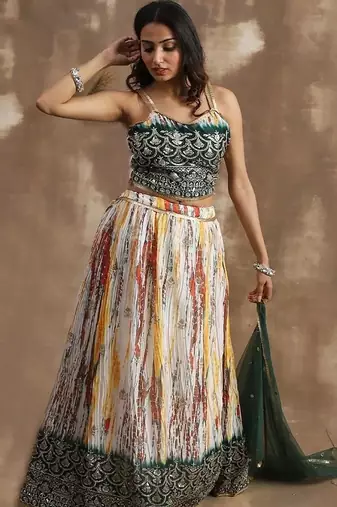 Enchanting White & Green Sequins Chinon Festival Wear Lehenga Choli
