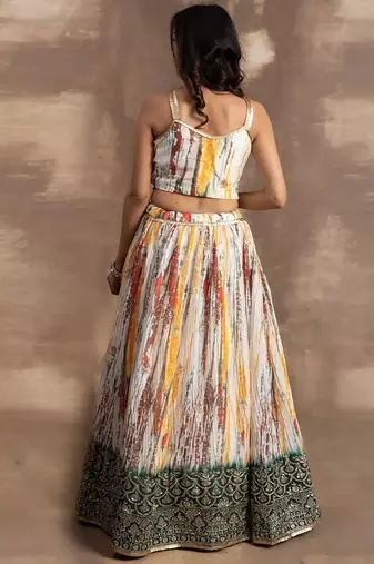 Enchanting White & Green Sequins Chinon Festival Wear Lehenga Choli