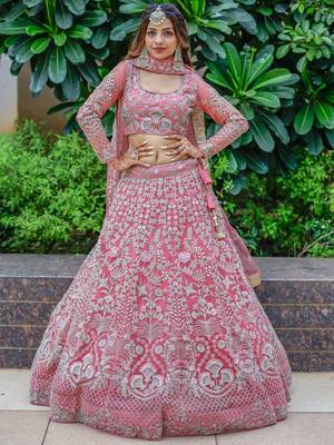 Beautiful Pink Dori Work Soft Net Ceremony Wear Lehenga Choli 1