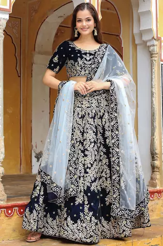 Shocking Navy Blue Embroidered Velvet Function Wear Lehenga Choli